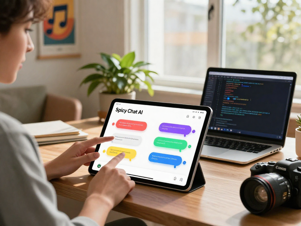 Spicy Chat AI user engaging in dynamic conversation on a tablet in a cozy home office.