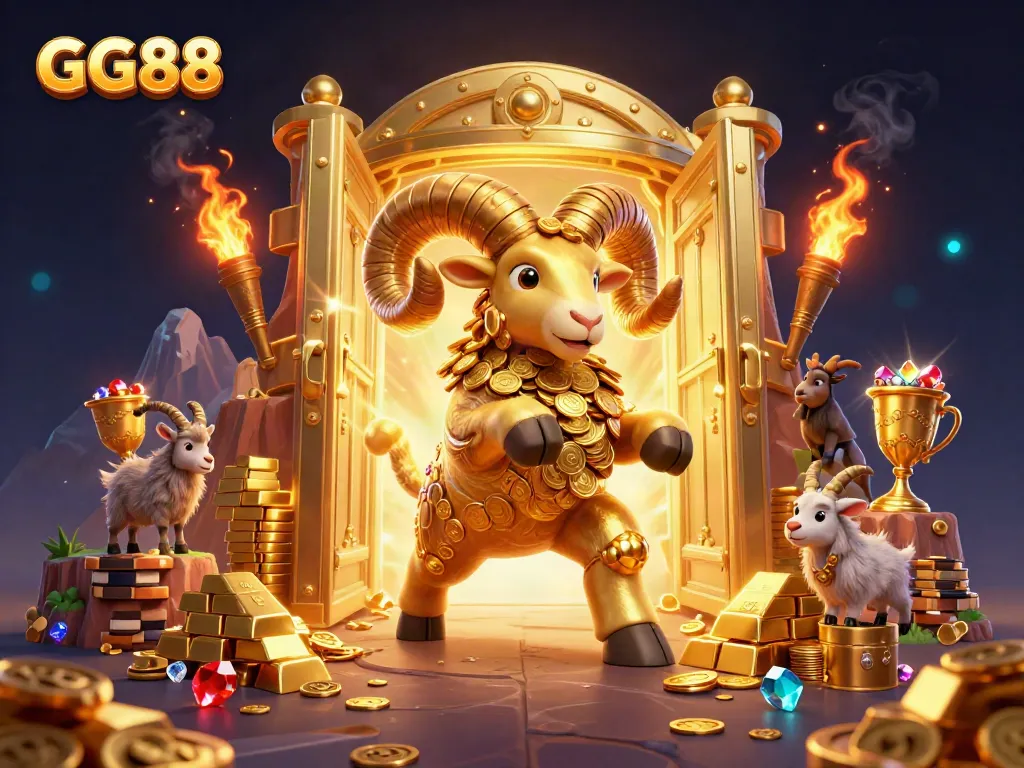 Experience the thrill at GG88, featuring a charging golden ram and treasure-laden casino elements.
