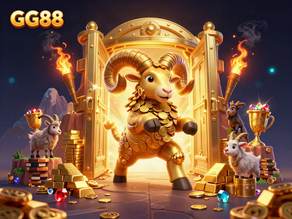 Experience the thrill at GG88, featuring a charging golden ram and treasure-laden casino elements.